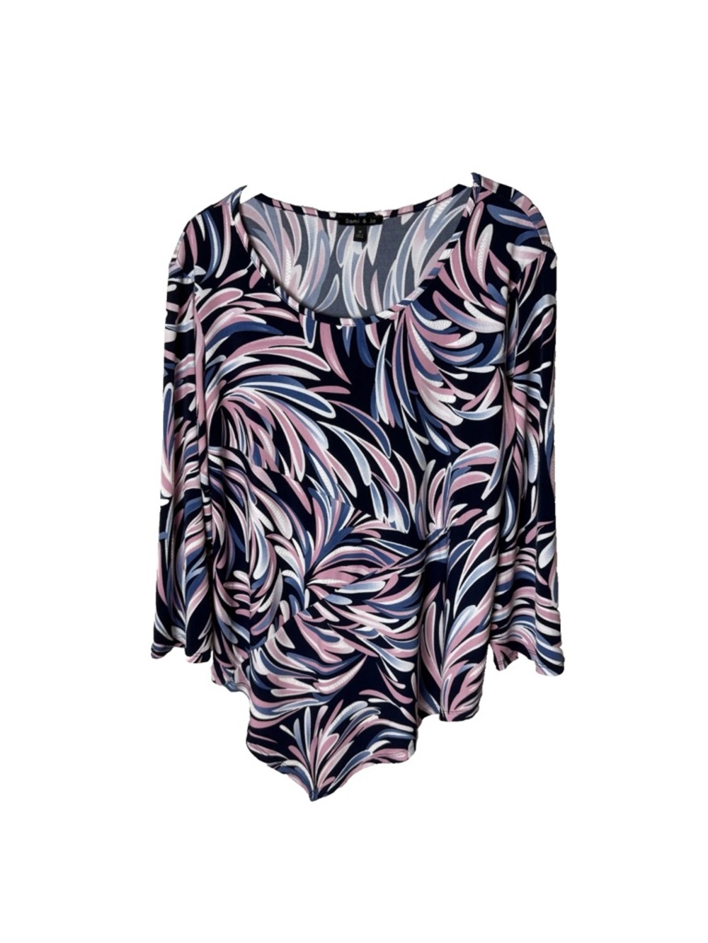 Sami & Jo Blouse Size Medium Top 3/4 Sleeves Stretch Asymmetrical Hem Bold